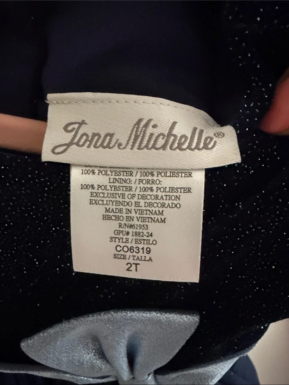 Jona Michelle Navy Sparkle Tulle Dress with Silver Satin Bow